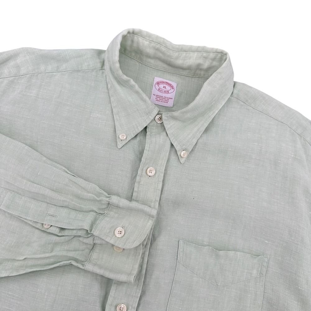 Brooks Brothers Mens XL Irish Linen Button Down Shirt Green Traditional Fit Flaw